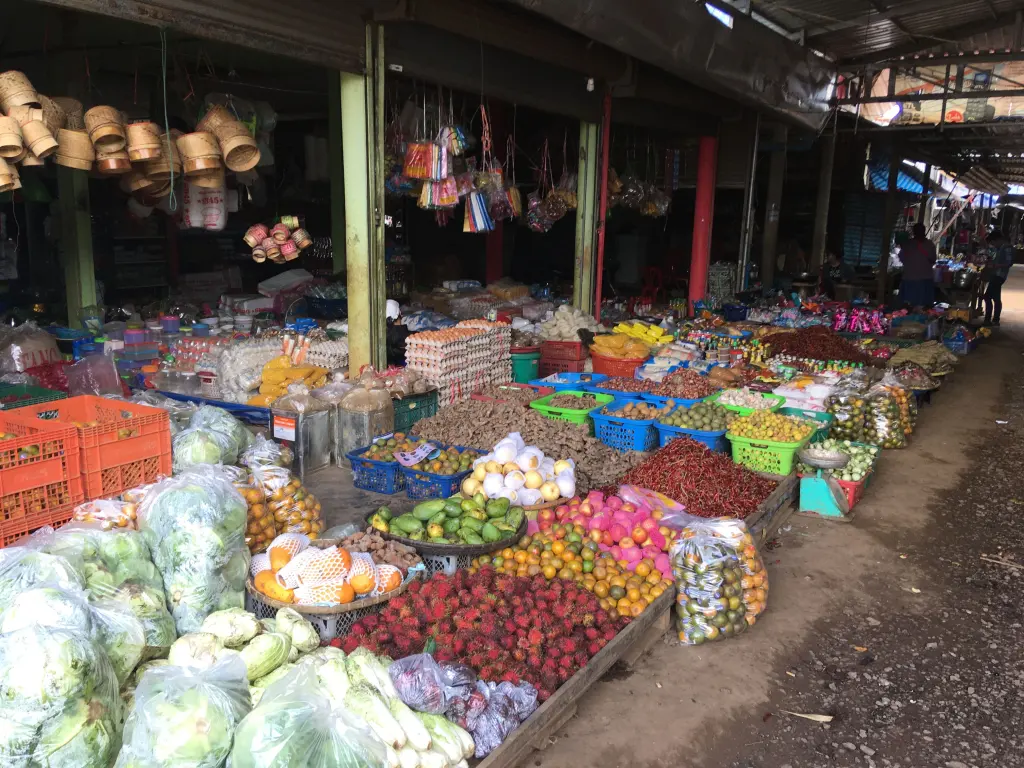 A covered provincial market in Thateng with produce, eggs, chillies and sticky-rice baskets laid out on stalls